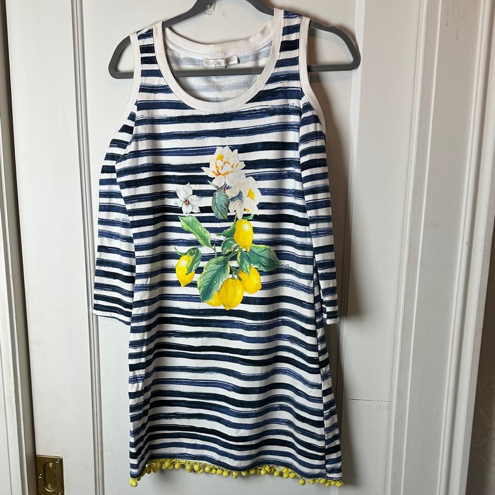 Boston Proper Navy Striped Lemon Detail Dress